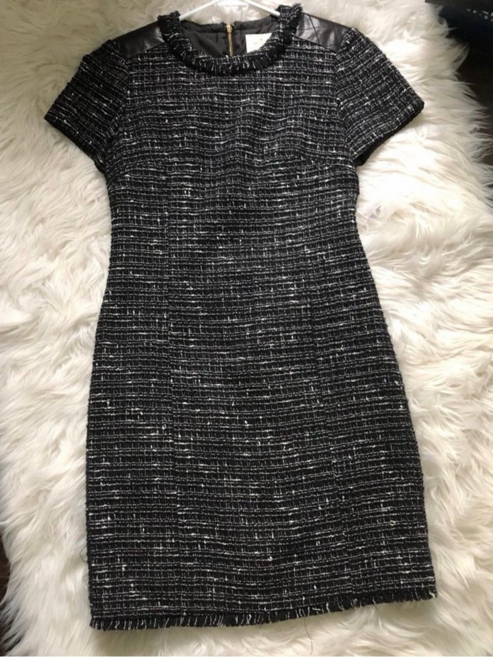 KATE SPADE Dress‎ 4 Tweed Mini Exposed Zipper Faux Leather Shoulder LBD Office